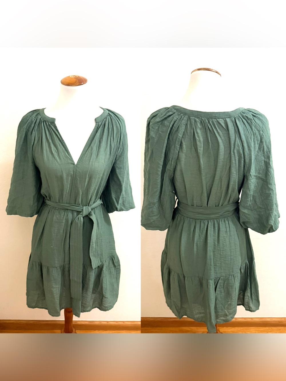 Mango Green Tiered V-Neck Mini Dress with Tie Waist